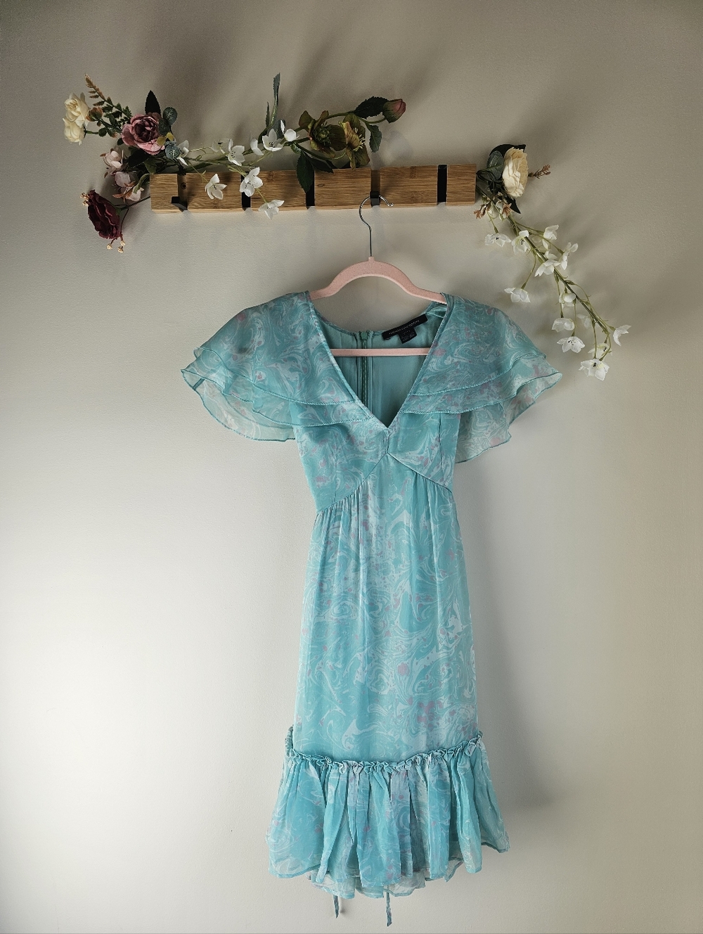 French Connection Aqua Flutter Sleeve V-Neck Tie Waist Midi Dress Size XS 0